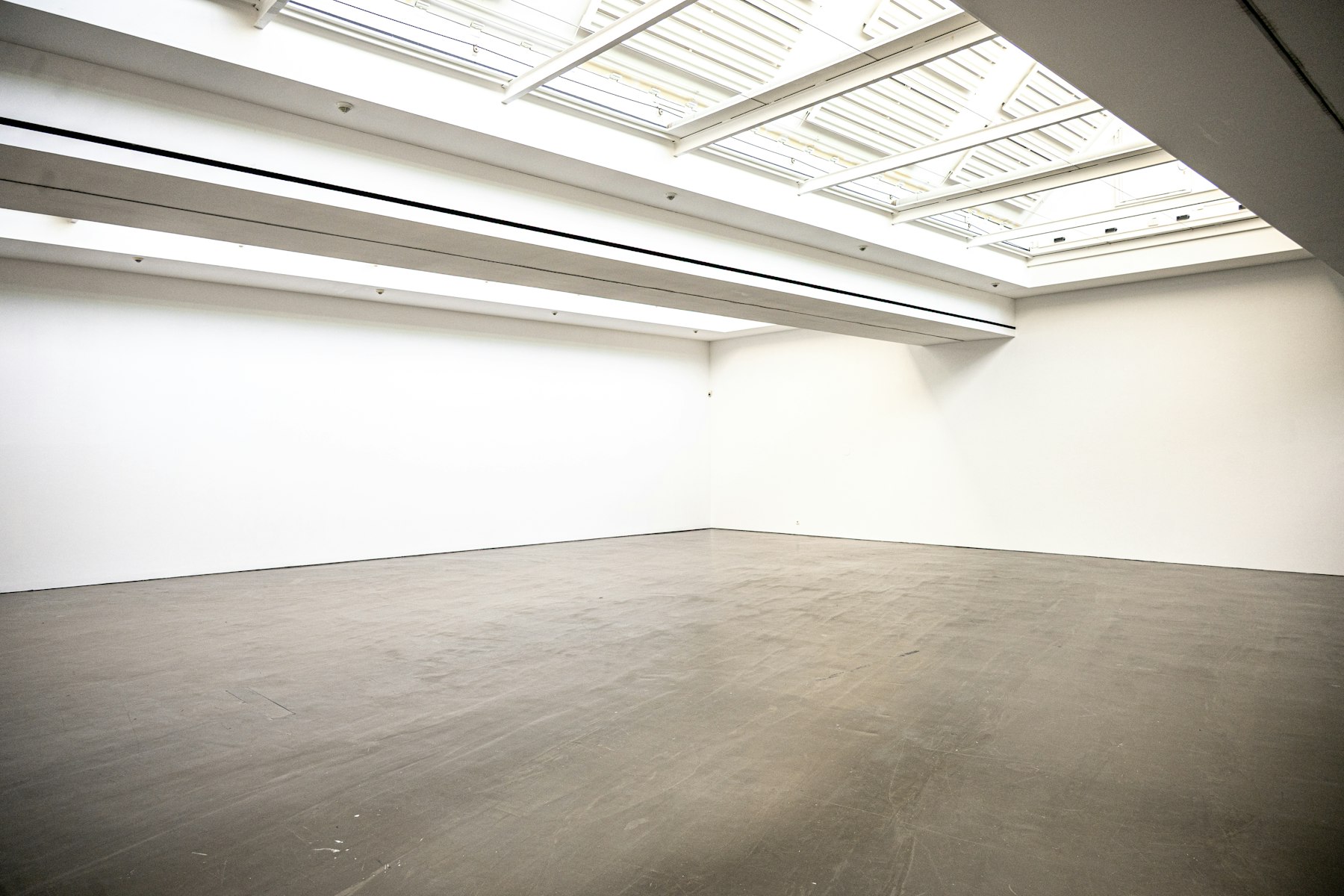 Empty contemporary gallery space with concrete floor and skylights Empty contemporary gallery space with concrete floor and skylights